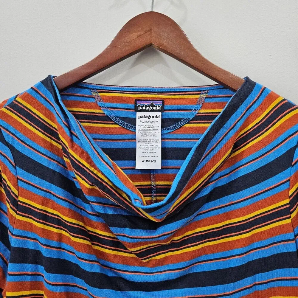 Patagonia Womens Kamala Cowl Neck Dress L Multicolor Ruched Striped Western Fall